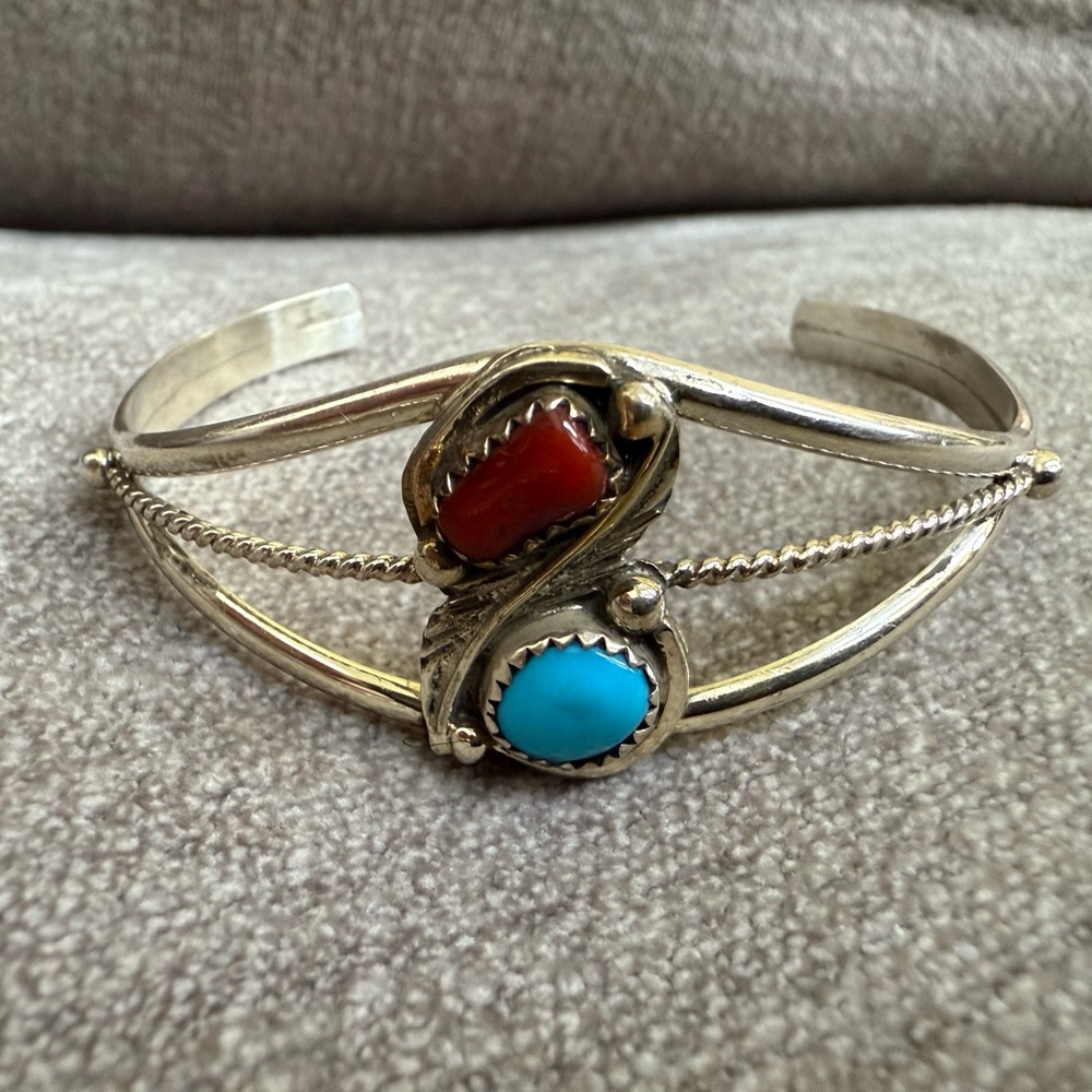 Navajo Bracelet 925 Sterling Silver Coral & Turquoise Cuff